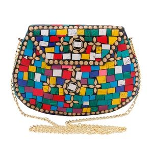 Brass Metal Hard Case Clutch W/Multi Color Mosaic